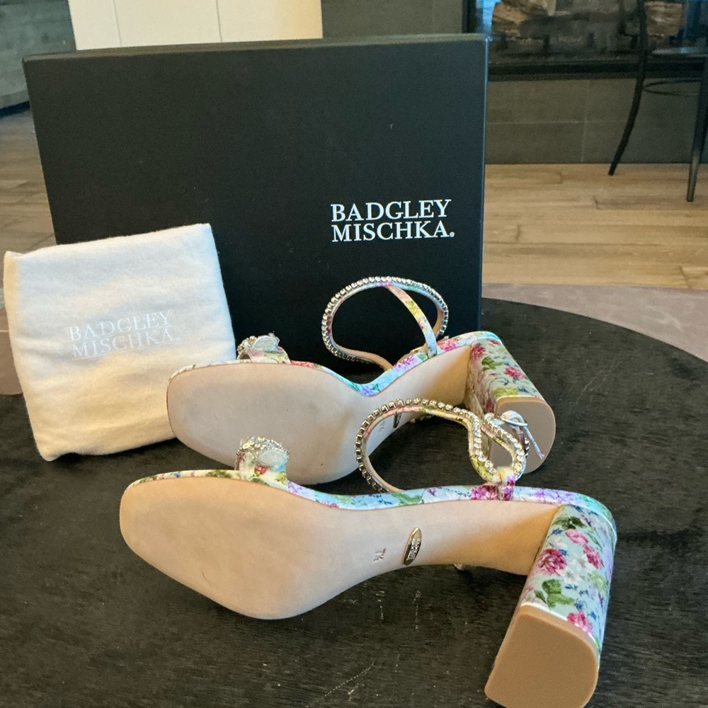 Badgley Mischka Floral Embellished Block Heel Sandals in White and Pastel Multi - Picture 7 of 8